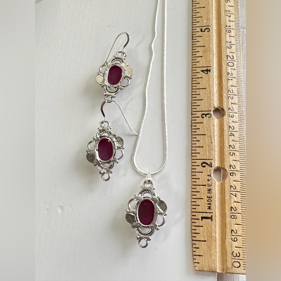 Filigree Sterling Silver Set of Necklace and Earrings in Red Quartz 925 - Picture 4 of 4